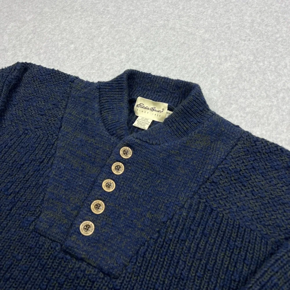 Eddie Bauer Henley Sweater Men's XL Blue Chunky Ribbed Knit Heavyweight Pullover - Picture 2 of 10